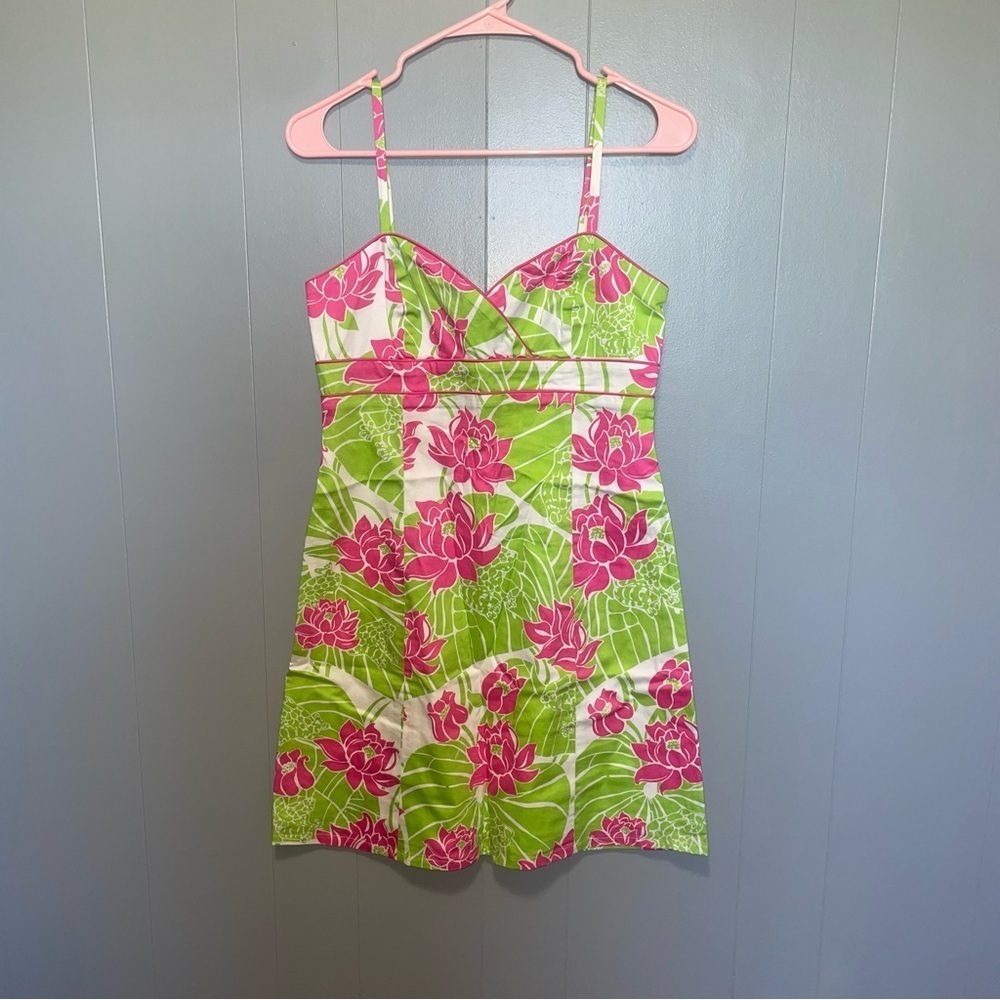 Vintage Lilly Pulitzer Green and Pink Floral Cami Dress Size 2